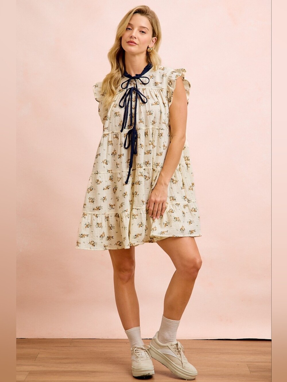 BiBi Floral Multi-tierd Dress With Ruffles And Front Tie- Cream Navy - Picture 11 of 13